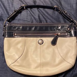 Coach, leather, navy, and tan shoulder bag